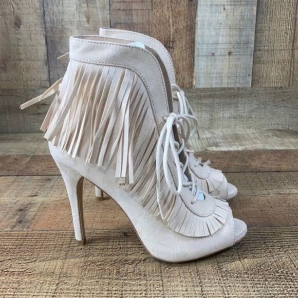 3/$20‎ Shoe Dazzle Raven Ankle Peep Bootie Pink Fringe Womens 6.5  Lace Up Heels - Picture 1 of 12